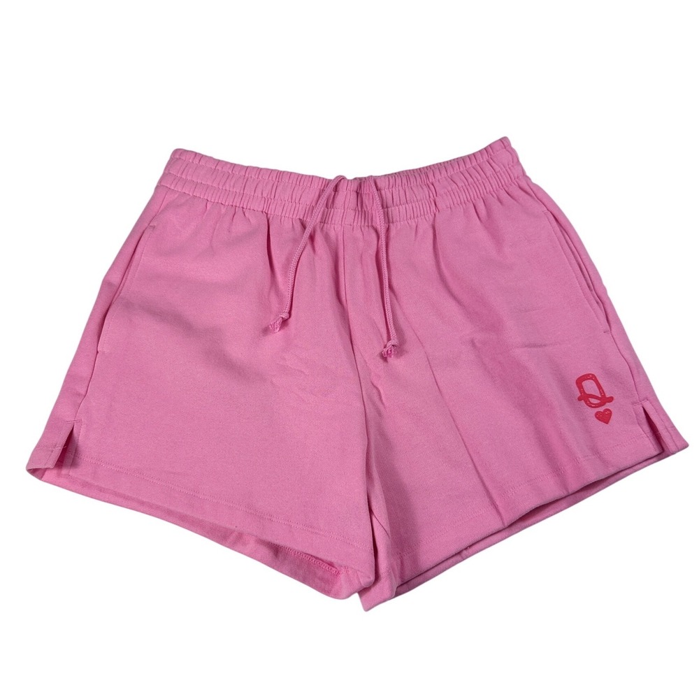 State of‎ Mine VDay Fleece Shorts Pink Queen of Hearts Graphic Large NWT